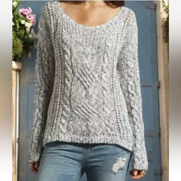 Free People Linen Wool Alpaca Blend Open Weave Marled Gray Pullover Sweater - Picture 4 of 12